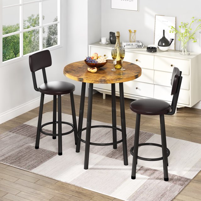 Furlinkhm 3 Piece Pub Dining Set, Modern Bar Table and Stools for 2 Kitchen Counter Height Wood Top Bistro Easy Assemble for Breakfast Nook Living Room Small Space Restaurant, Rustic Brown