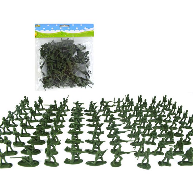 Hot Selling Military Simulation Model Soldier Corps 100 Pack War Scene Soldiers Military Children's Toys One Bag Random Color Mainly Green. The image displays 100 green plastic soldier figurines in various military poses, arranged in rows. A clear bag containing additional figurines is shown in the background. These toys are ideal for pretend play, educational activities, or historic reenactments.