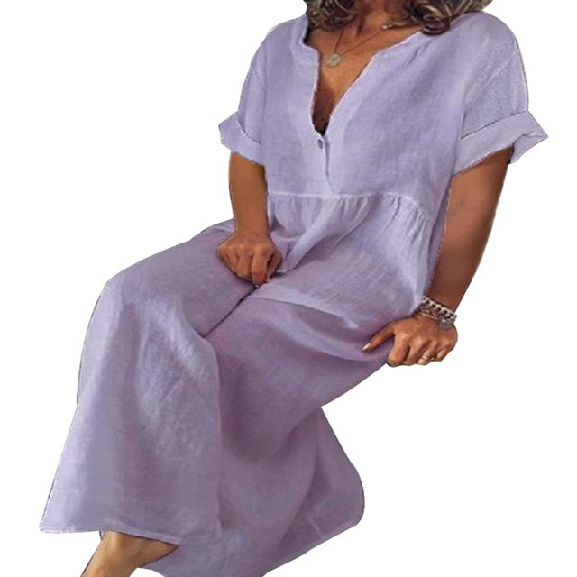 CHUANK Robe Maxi Ample à Manches Longues en Coton et Lin pour Femmes, Grande Taille, Unie, Boutonnée