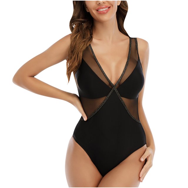 UPPADA Women's Tankini Swimsuits One Piece Bikini Set in black with see-through mesh patchwork, tummy control, and a deep V-neckline with crisscross detailing. Designed for a sleek and flattering fit.