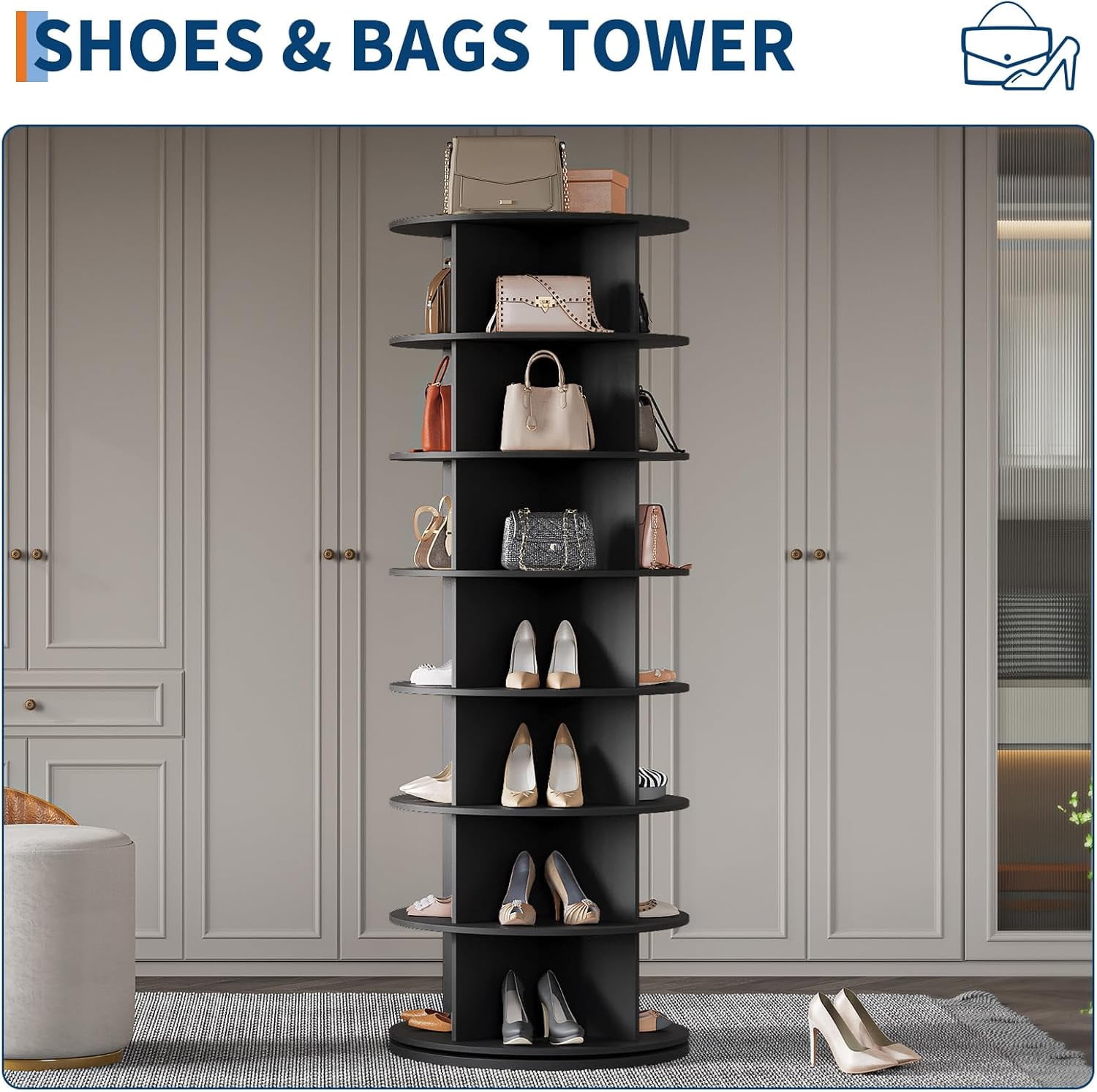 EastVita 7 Tier Rotating Shoe Rack Tower,360° Revolving Free Standing Spinning Shoe Organizer,Vertical Spinning Shoes Display,Shoes Rack Storage Round Carousel,Rotate Shoes Closet Organization，Black