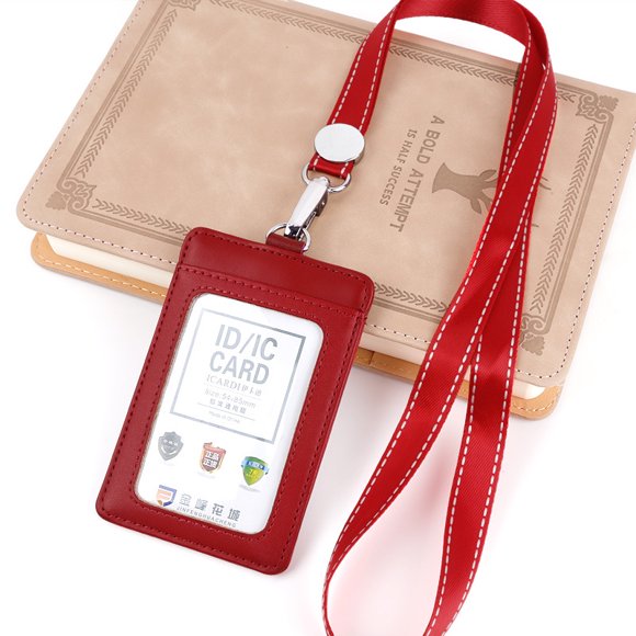 Porte-badge en Cuir avec Étiquette d'Identité et Nom, Sac pour Cartes de Crédit avec Lanière, Étui de Protection pour Carte d'Autobus d'Accès au Passeport de l'Employé, Manche Porte-Badge Verticale Rouge