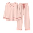 thumbnail image 1 of Tnhcen Pyjama pour Femmes Grande Taille à Col en V à Manches Longues - Haut Uni à Col Ras du Cou avec Pantalon à Taille à Cordon / Pyjama Doux d'Automne et d'Hiver pour Femmes M-3TG, 1 of 5