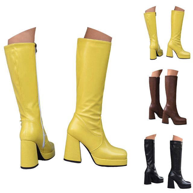 Dakaela Bottes Hauteur Genou pour Femmes, Talon Épais, Bout Carré, Plateforme, Bottes Hautes, Fermeture Éclair Latérale, Bottillons de Moto et de Vélo, Mode