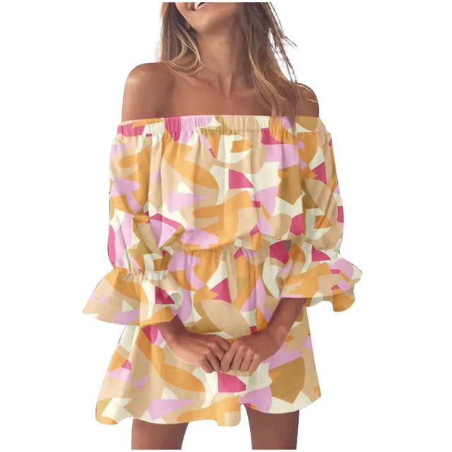 Ketyyh-chn99 Robes Maxi pour Femmes 2024 Robe Évasée à Fleurs Encolure Carrée Plissée Évasée Boho Robe d'Été Jaune,G