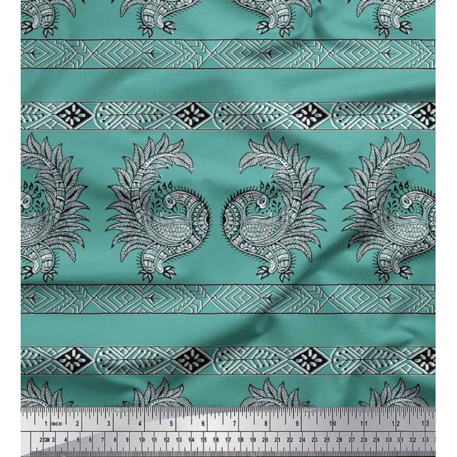 Soimoi Polyester Crepe Fabric Peacock Block Printed Fabric 1 Yard 52 Inch Wide