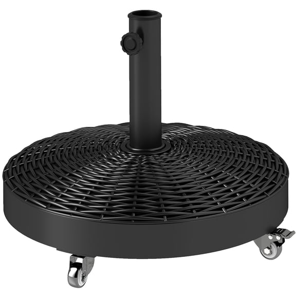 Round Patio Umbrella Base with Wheels, 55 lbs Heavy-Duty Resin-Cement Parasol Stand, Rattan Design, Black, Fits 1.3"-1.9" Poles, for Garden, Patio and Outdoor Living Spaces