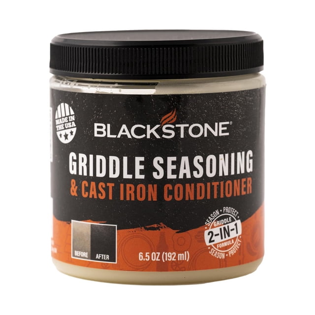 Blackstone Griddle Seasoning and Conditioner 6.5 oz (192 ml) jar with black screw lid and black-orange label, designed for seasoning and protecting cast iron griddles, made in the USA, suitable for kitchen cleaning maintenance.