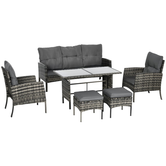 Outsunny Ensemble de Mobilier de Patio 6 Pcs avec Deux Fauteuils, un sofa, Deux ottomans et une table, Tous Dotés de Coussins Gris. Conçu avec un Cadre en Acier et de l'Osier en Rotin PE Tressé à la Main pour la Résistance aux UV et la Durabilité. Cet Ensemble de conversation Extérieur Est Idéal pour les patios, Terrasses et la Détente dans la Cour Arrière, Offrant des Aménagements d'Assise Polyvalents.
