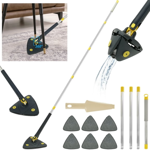 YOPTOP Wall Cleaner Mop with Long Handle 360° Rotatable Wall Cleaning Tool Self Wringing Triangle Cleaning Mop with 6 Microfiber Mop Pads Scraper Tool for Wall Ceiling Window Home