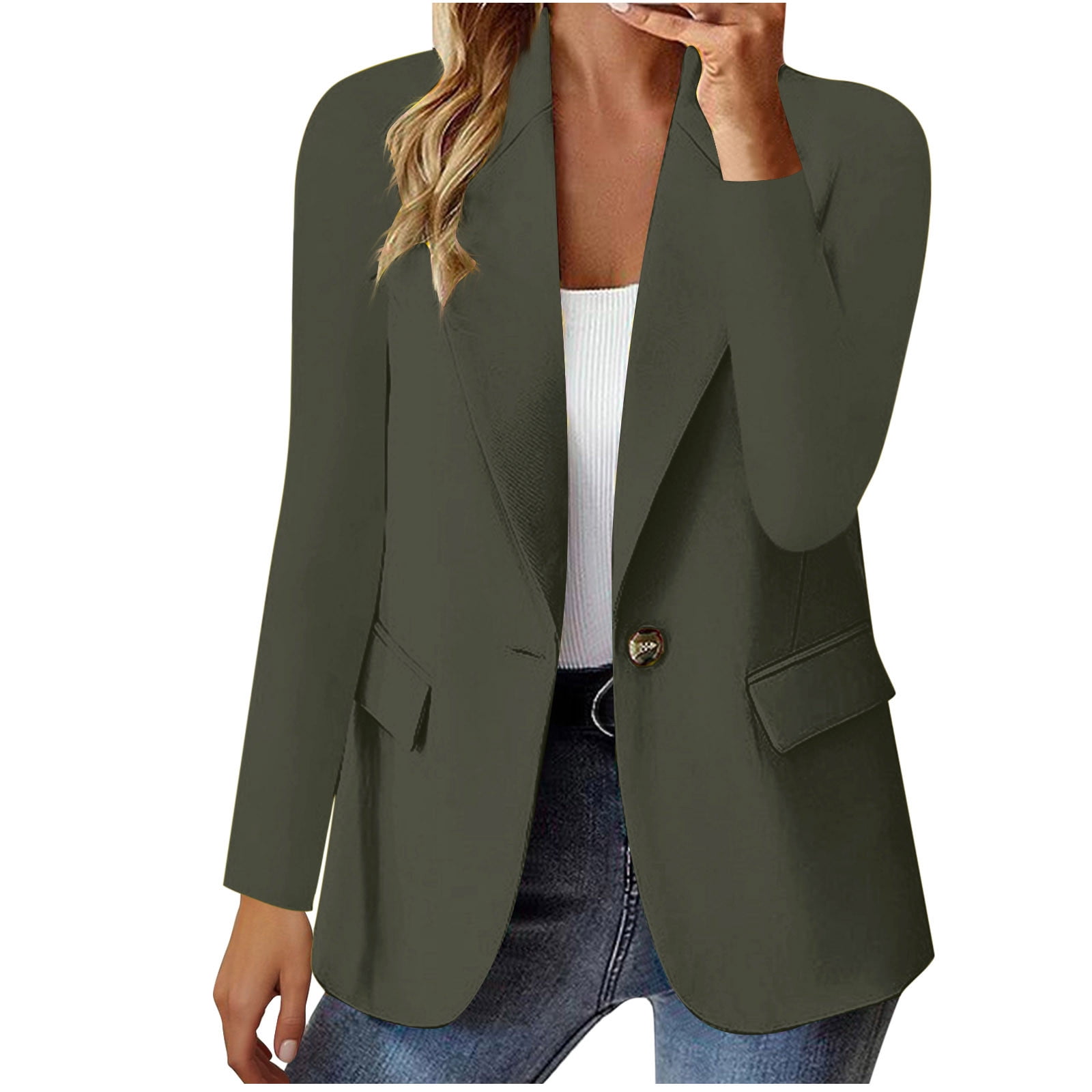 Grrvtrz Womens One Button Blazer Lightweight Office Work Suit Jacket Stretch Lapel Collar Long Sleeve Jacket with Pockets
