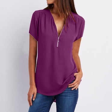 Hauts d'Été pour Femmes, Chemises Unies à Fermeture Éclair et Col en V pour Femmes, Coupe Ample, Manches Courtes, Blouses d'Été Décontractées, Hauts pour Dames