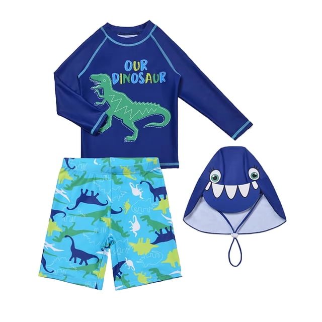Hiiyo Big Boys Dinosaur Print Rash Guard & Swim Trunks & Sun Hat 3Pcs Swimsuit, Sizes 3-13