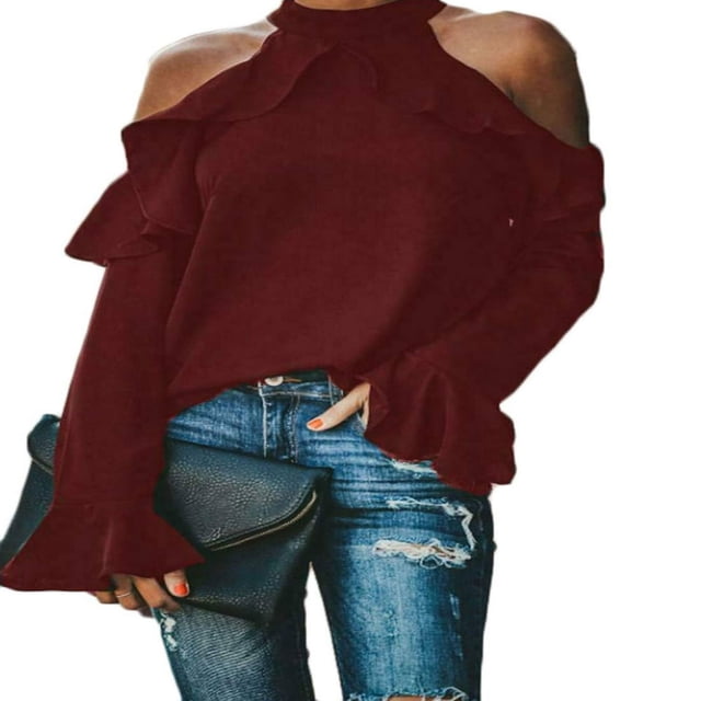 Women‘s Halter Cold Shoulder Slim Fit Long Sleeve Tee Tops