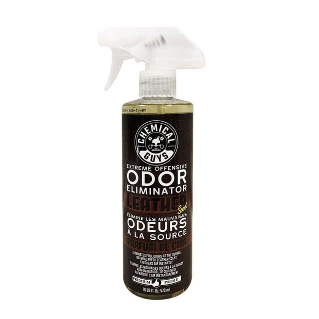 Chemical Guys Extreme Offensive Leather Scented Odor Eliminator (16 Fl. Oz.) front-facing spray bottle with black trigger, translucent amber liquid visible, label showing brand and leather scent; enzymatic formula destroys odor-causing bacteria at the source, often used in cars, closets and entryways to neutralize persistent smells.