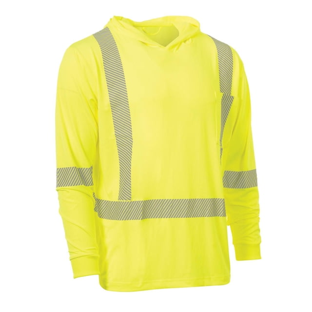 Forcefield Hooded Long Sleeve Ultrasoft Technical Tee in high-visibility yellow with segmented reflective heat transfer safety tape on torso and sleeves, made of lightweight polyester with a stretchy athletic fit and hood for sun protection, ideal for workwear.