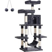 Feandrea 59.3 Inch Cat Tree Condo with Scratching Post, Kitty Tower Pet Playhouse, Smoky Gray