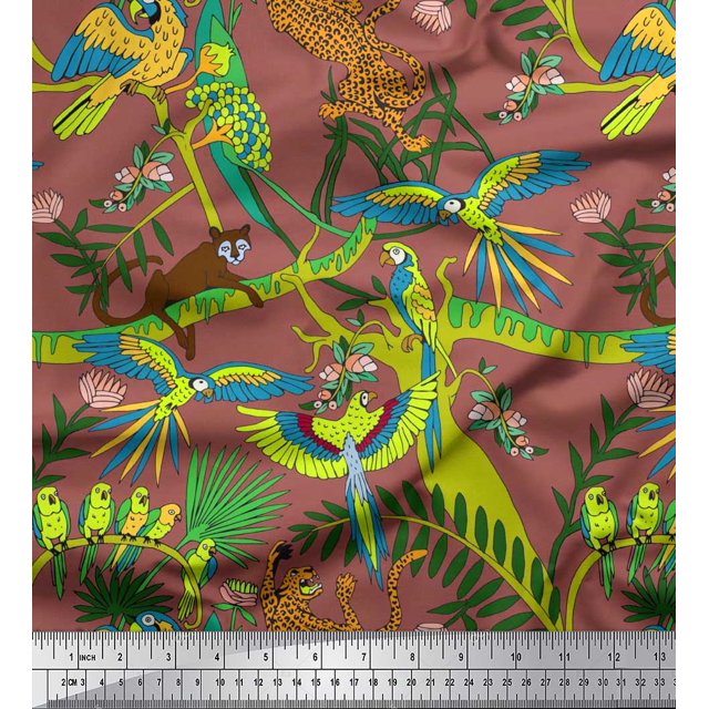 Soimoi Modal Satin Fabric Branches,Parrot & Leopard Jungle Printed Fabric 1 Yard 42 Inch Wide