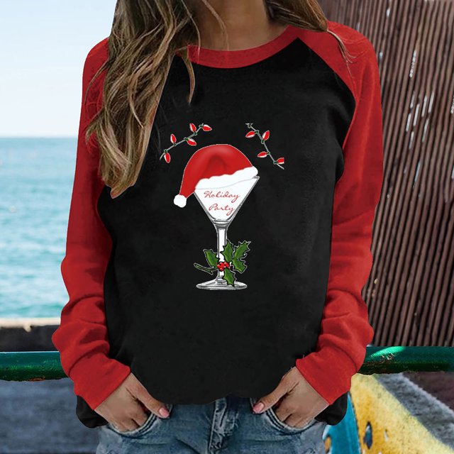 Qertyioot Chandail Décontracté de Noël pour Femmes, Manches Longues, Col Rond, Imprimé, Coupe Ample