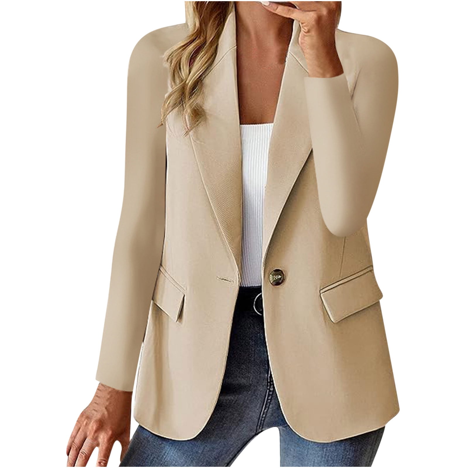 Grrvtrz Womens One Button Blazer Lightweight Office Work Suit Jacket Stretch Lapel Collar Long Sleeve Jacket with Pockets