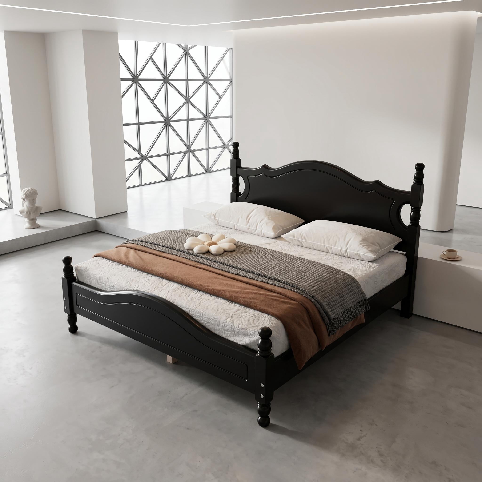Homy Casa lit double 56,2 po avec lattes en bois, tête et pied de lit arqués pour chambre, chambre d’amis, appartement, noir