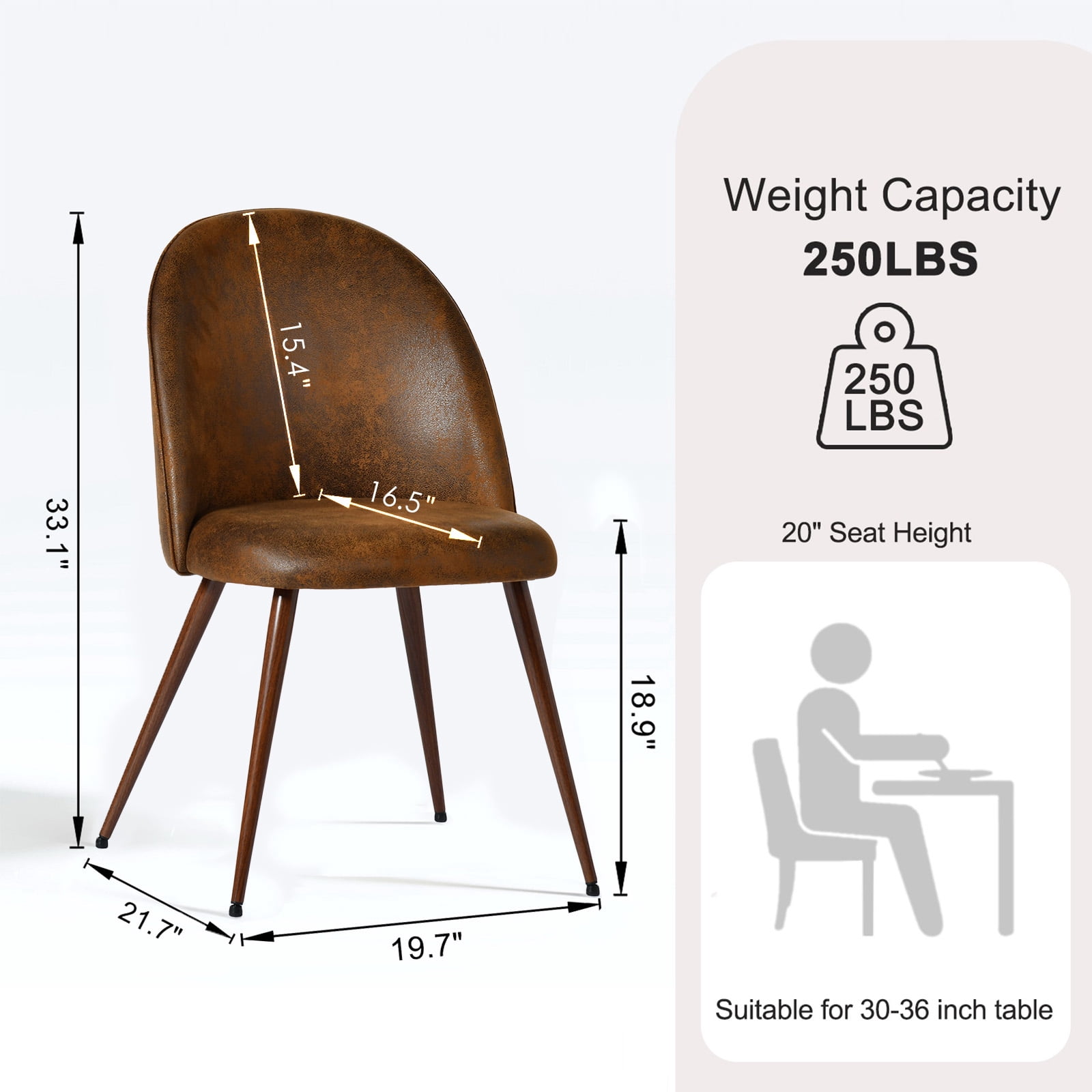Lot de 2 chaises de salle à manger Homy Casa sans accoudoirs avec dossier incurvé et rembourré, simili-suède marron