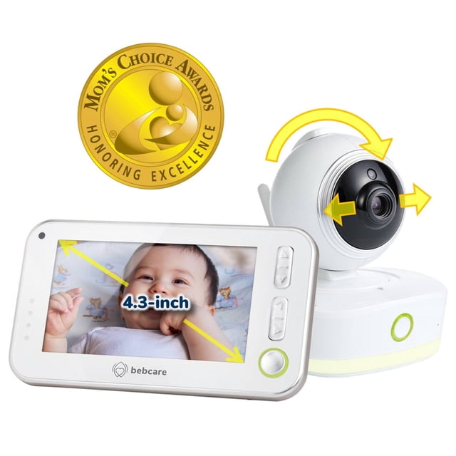 Bebcare Motion 4.3" Digital Video Baby Monitor featuring a 4.3-inch true color screen and a 360° pan-and-tilt camera. The monitor includes two-way audio, temperature sensor, motion and sound alerts, night vision, and lullabies. The image shows the monitor displaying a baby on the screen and the camera unit with directional arrows indicating its pan-and-tilt functionality. A 'Mom's Choice Awards' badge is visible, highlighting its recognition for excellence.