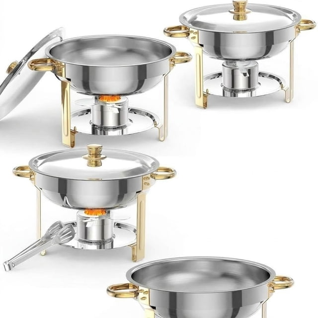 Garvee Réchauds Ronds pour Aliments 5 Qt, Plat Anti-Frottement pour Buffet, Ensemble de 4, Or