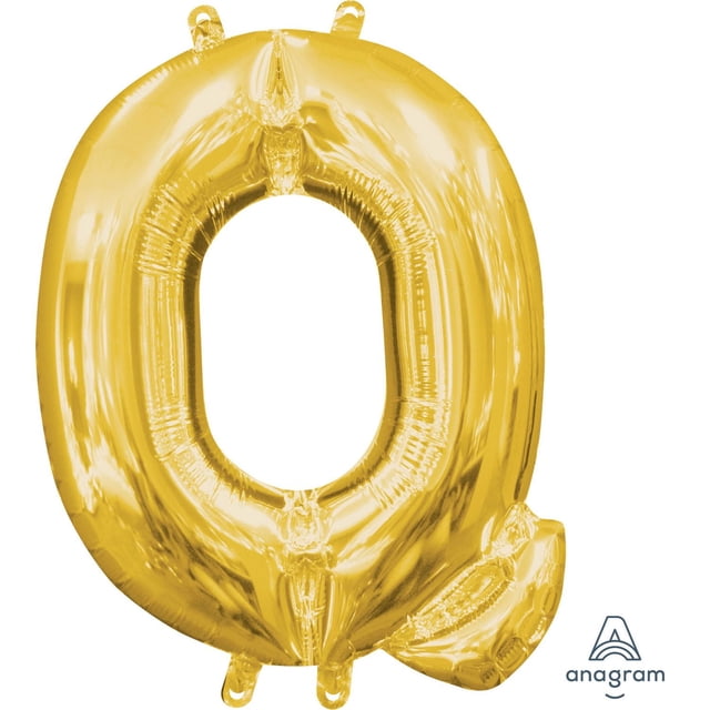 Anagram International Party-Eh! Gold Letter Q Balloon, a shiny gold foil balloon shaped as the letter Q with four inflation tabs, no helium required, ideal for party decorations and celebrations, also suitable for photo props.