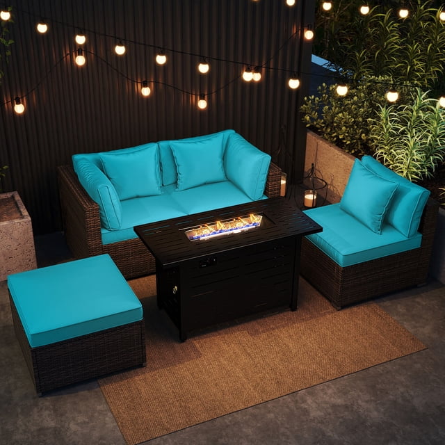Costway 5 PCS Patio Furniture Set Heavy-duty Frame Rattan Sofa Set with 60,000 BTU Firepit Table Turquoise