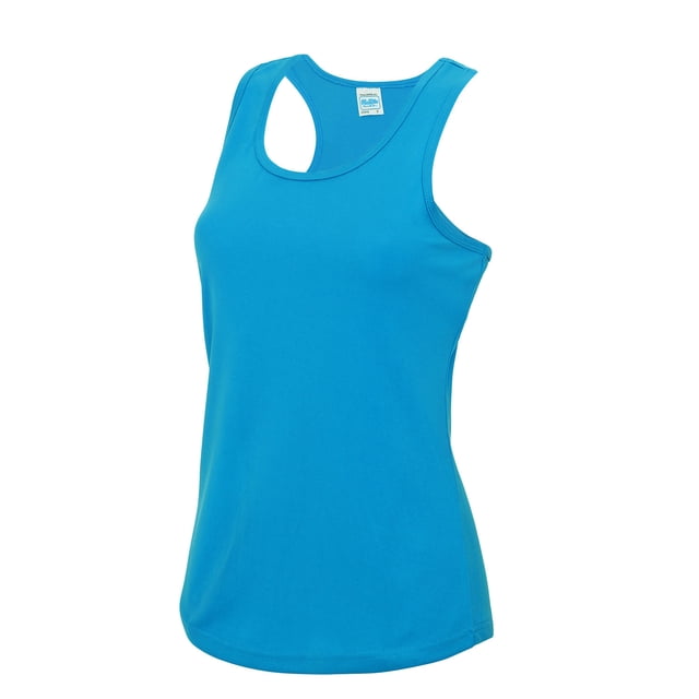 AWDis Just Cool Girlie Fit Sports Ladies Vest / Tank Top in a vibrant blue color, featuring a racerback style and curved back hem for added comfort. Made from 100% polyester with Neoteric™ texture fabric for wickability, it has self-fabric bound neck and armholes. Available in sizes XS to XL, this WRAP-certified tank top is ideal for gym, fitness, and everyday wear.