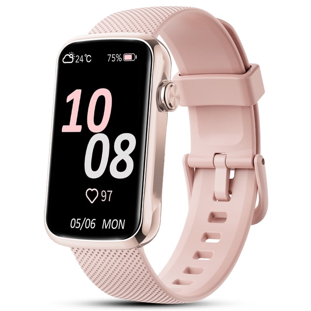 1.47-inch smartwatch for women and men in pink with a silicone strap, featuring a full touch screen and multiple sport modes. This fitness tracker includes step counting, heart rate monitoring, SpO2 tracking, and sleep analysis. It supports Bluetooth calls, notifications, and app alerts, and is compatible with Android and iPhone. The IP68 waterproof design ensures durability, while the customizable watch face offers over 100 options. Additional features include weather updates, music control, and a remote photo function. The smartwatch has a battery life of up to 7 days and charges via a magnetic USB cable.