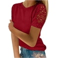 thumbnail image 1 of Femmes Dames Uni Manches Courtes Col Rond Chandail en Dentelle Hauts Chemises Blouse, 1 of 5