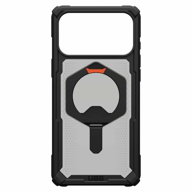 UAG Plasma XTE MagSafe Rugged Case Black/Pop Orange for iPhone 17 Pro Max featuring a black antimicrobial TPU bumper and grey composite back with a built-in circular MagSafe module and integrated kickstand accented in pop orange, providing military-grade drop protection and wireless charging compatibility, ideal for hands-free media viewing.