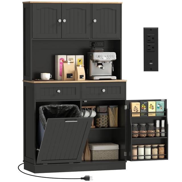 HOMCOM 68" Pantry Cabinet, Kitchen Cabinet with Charging Station, Black