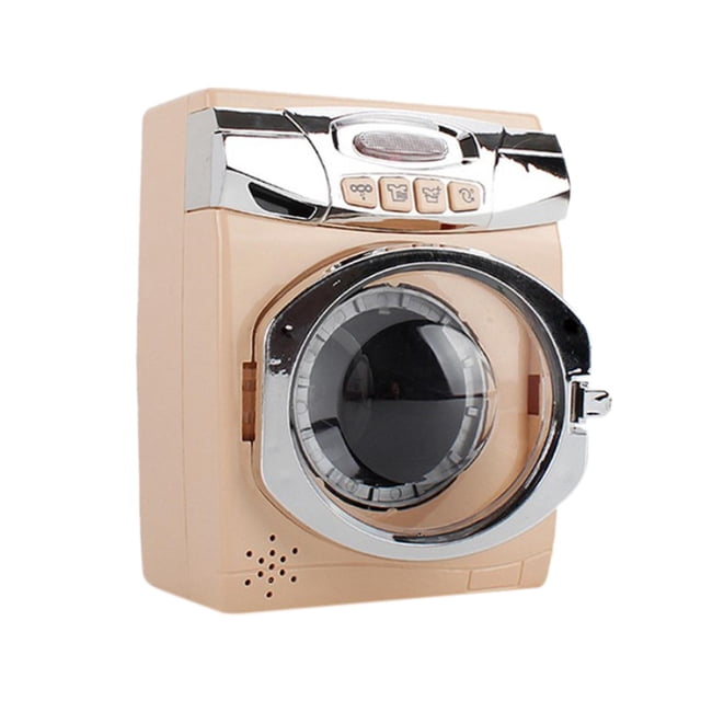 Household Appliance Early Washing Machine, a children's simulation playhouse toy designed to mimic a real washing machine. The compact design measures approximately 13.5x8.5x17.5cm (5.31x3.35x6.89 inches) and features a beige body with a chrome-accented front-loading door. Powered by AA batteries (not included), it encourages role play, fine motor skill development, and creativity. Suitable as a gift for children.