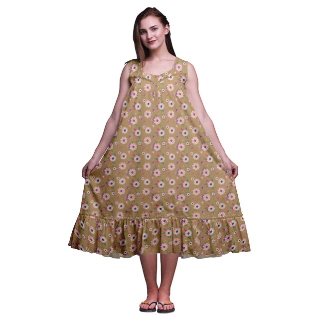 Bimba Chemises de Nuit en Coton Brun Clair à Imprimé Floral Marguerites et Anémones pour Femmes, Robe Sans Manches, Tenue de Nuit, Robe Maxi, Petit