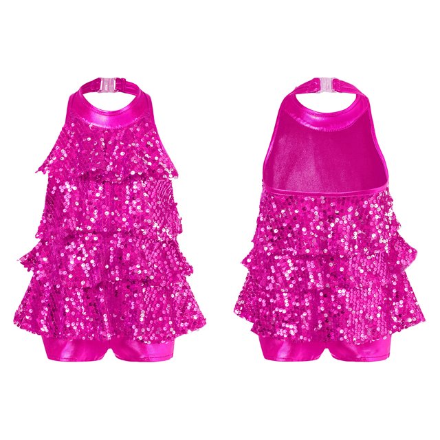 TiaoBug Girls Sleeveless Shiny Sequins Halter Tassel Mini Dress Latin Jazz Salsa Samba Rumba Unitard Dress Rose 10