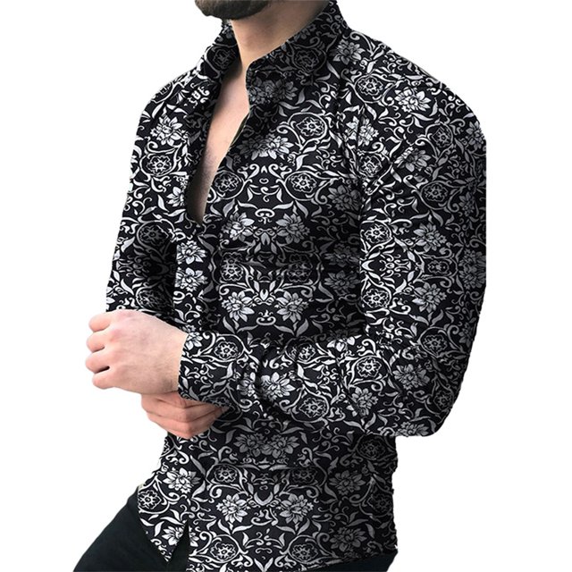 Innerwin Blouse Lapel Neck Mens Tops Work Long Sleeve Single Breasted Shirts Black L