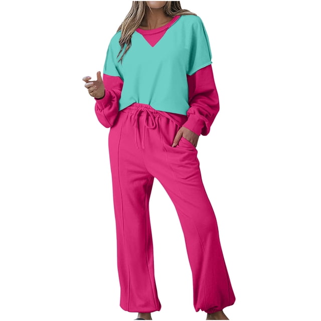 Posijego Survêtement pour Femmes 2 Pcs à Blocs de Couleur, Chandail à Col Rond, Chandails Molletonnés, Pantalons, Tenue de Détente, Ensemble de Sport