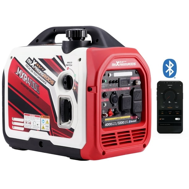 Maxpeedingrods 4000W/3200W portable inverter generator with gas-powered engine, featuring a compact suitcase design in red and white. Includes multiple outlets, Bluetooth connectivity, eco-mode for fuel efficiency, and a digital display for monitoring voltage, frequency, and load. Operates quietly at 58-60 dB, making it ideal for camping, RV travel, emergency EV charging, and home power backup.