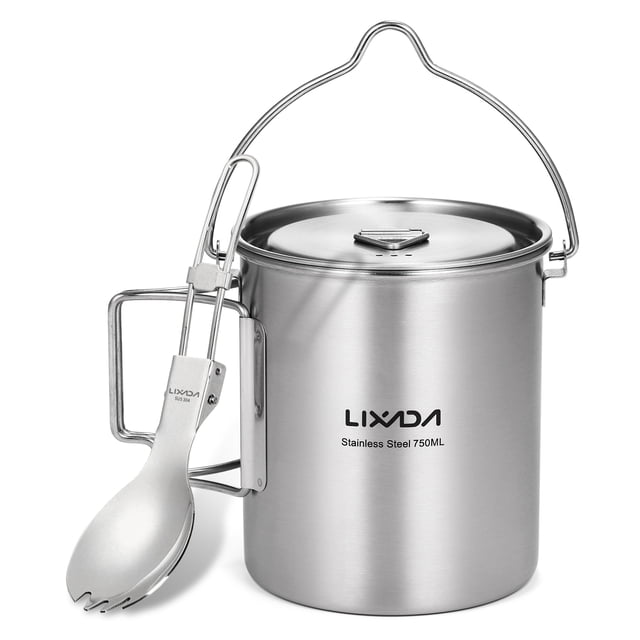 750ml Stainless Steel Pot Portable Water Mug Cup with Lid and Foldable Handle Outdoor Camping
