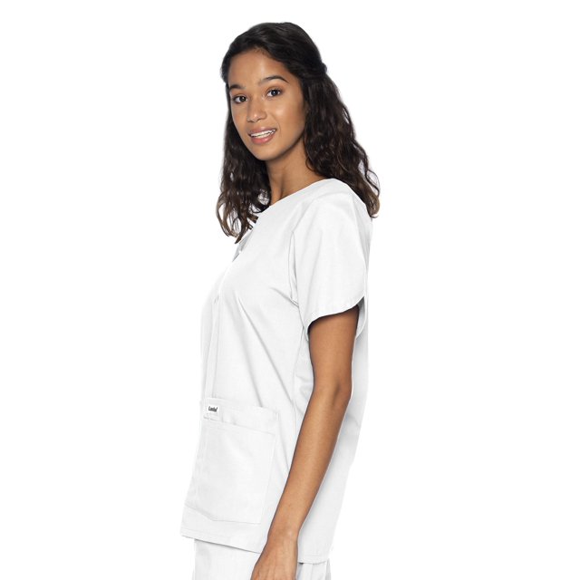 Landau Essentials Women's Snap Front Scrub Top, Classic Relaxed Fit, V-Neck, 4 Pockets