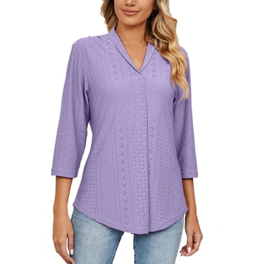RKSTN Hauts Grande Taille pour Femmes Col en V Couleur Unie Manches Trois-Quarts Hauts Blouses et Hauts Habillés, T-Shirts Surdimensionnés, Hauts d'Été Floraux Boho