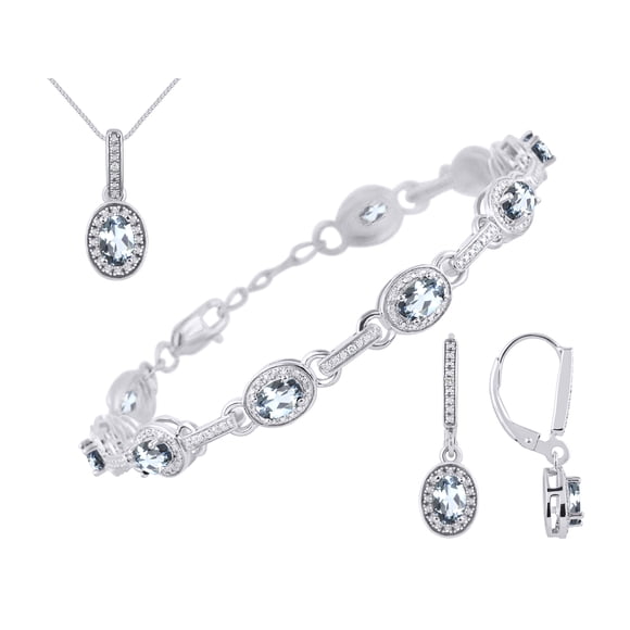 RYLOS Jewelry For Women Sterling Silver Designer Halo Tennis Bracelet, Earrings & Necklace Gemstone & Diamonds Adjustable 7"-8" Wrist & 18" Chain 6X4MM Aquamarine March Birthstone Womens Jewelry