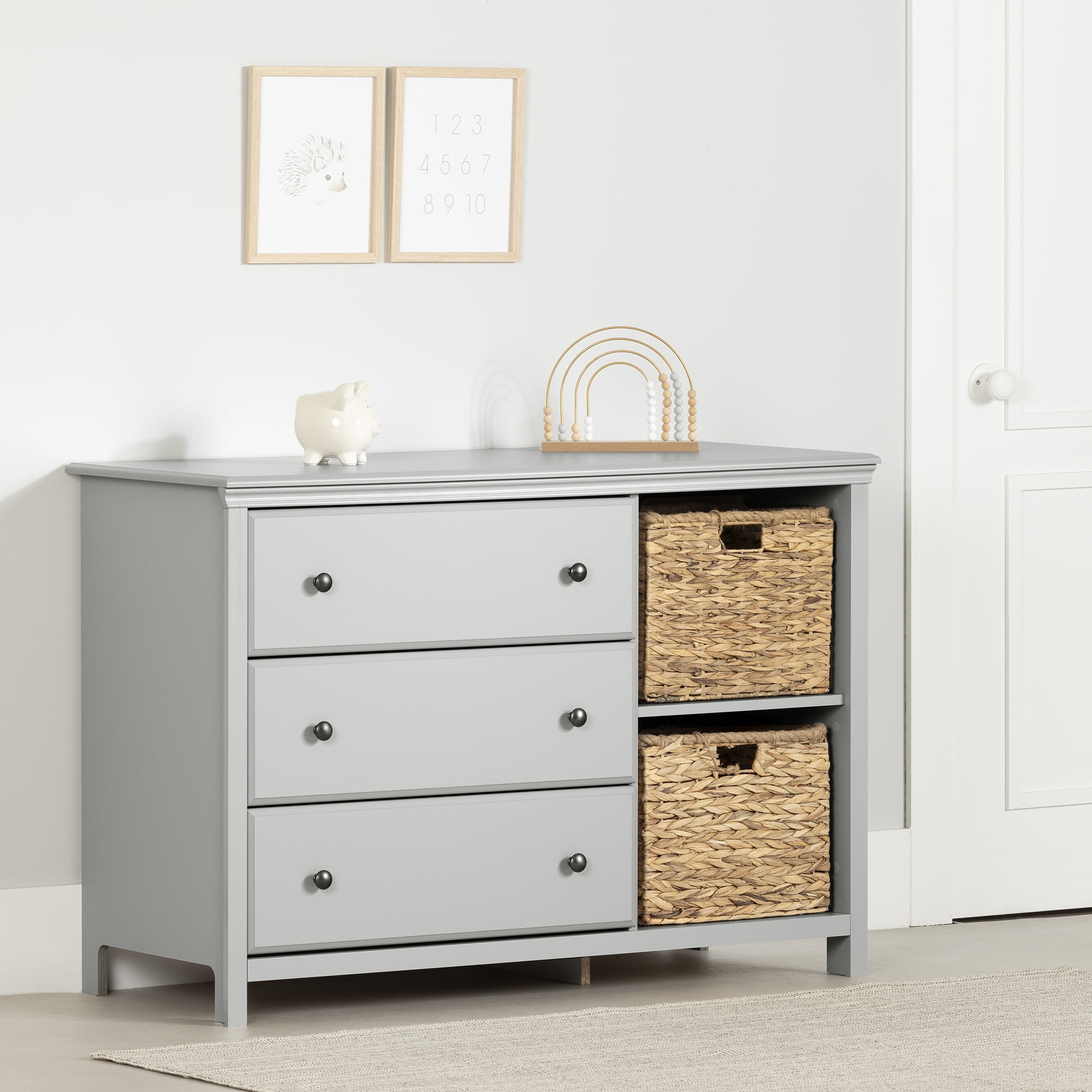 Commode 3 tiroirs avec paniers de rangement pour Enfants, fini Gris clair, collection Cotton Candy de Meubles South Shore