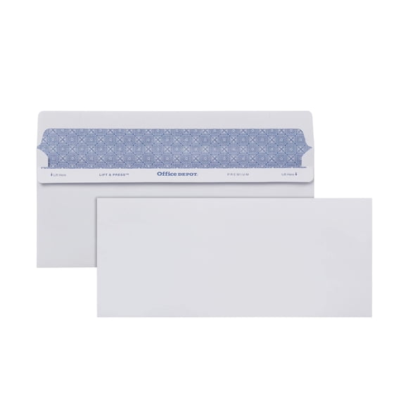 Office Depot Lift Press(TM) Premium Envelopes, 10 (4 1/8in. x 9 1/2in.), 100% Recycled, White, Pack Of 500, 76145
