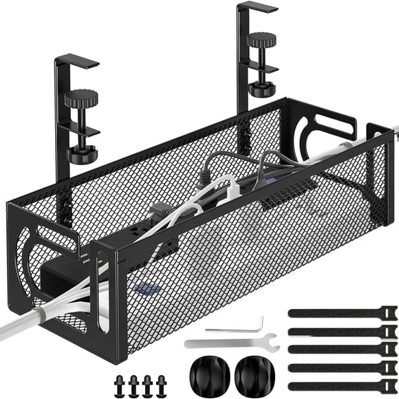 YSTIANN Under Desk Cable Management Tray No Drill, Metal Mesh Wire Organizer with Clamp Mount for Home Office and Standing Desk(1Pc, Black) WJ94-4697
