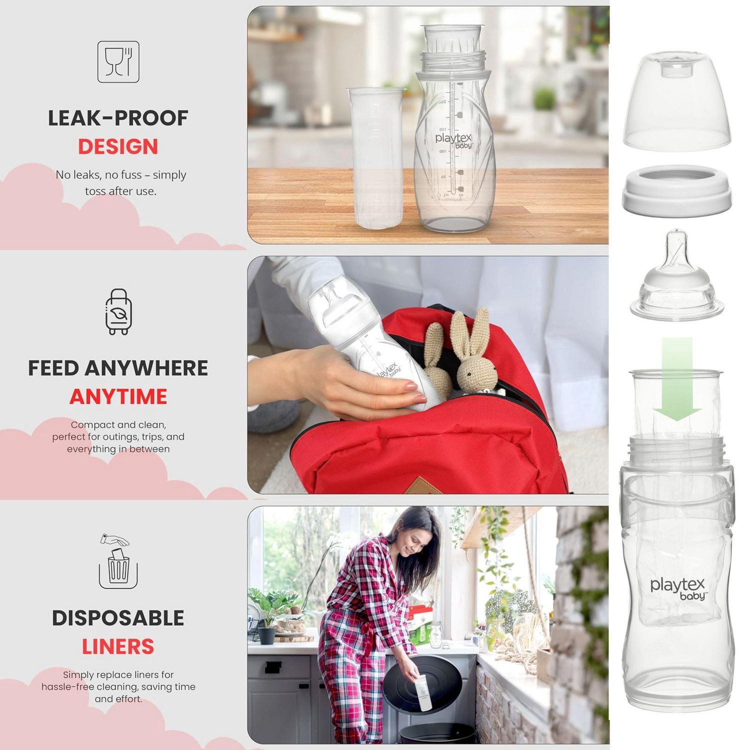 Playtex Baby® Anti-Coliques, Réduit les Gaz, Biberon Nurser Sans Air avec 15 Doublures Jetables Drop-Ins Pré-Stérilisées, Plus Près de l'Allaitement, Biberons 3x4oz