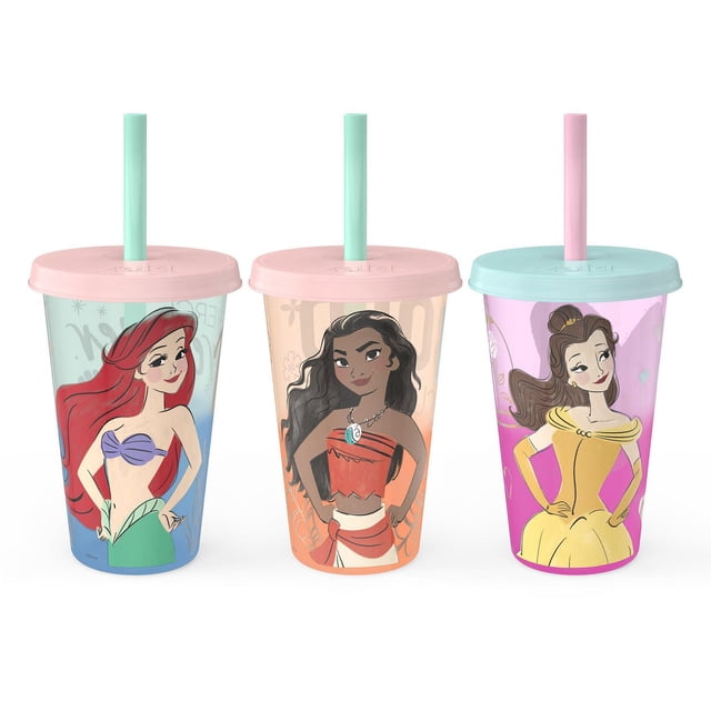 Zak Designs Princess Gobelets à Changement de Couleur 16.5oz Tumbler 3pk Comprend Trois Gobelets Empilables Sans BPA avec Couvercles pastel à Pression et Pailles. Chacun Présente l'Oeuvre de Princesse Disney et Change de Couleur avec des Boissons Froides. Durables et Lavables au Lave-Vaisselle, Ils Conviennent à la Plupart des Porte-Gobelets de Voiture et Aident à Encourager l'Hydratation des Enfants.